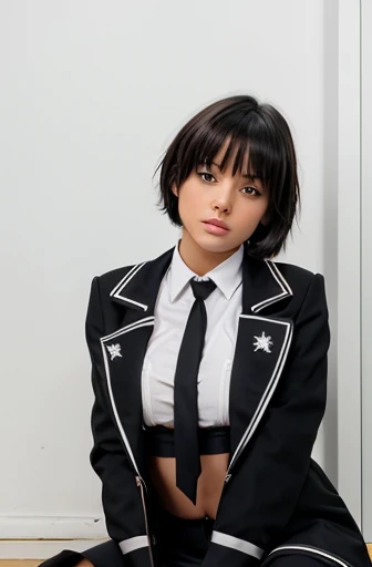 Tomboy girls with sexy emotions in black school uniform with coat lying down sexually showing her full body, young girl , bondage, bdsm  and neck tie, short hair . Showings boobs. In white background, tall girl, on floor sitting on knees looking at you