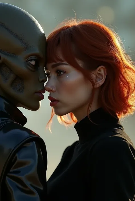 Girl with wavy red hair , full complexion , black eyes , medium skin , Mexican . This girl is in love with an alien and is chasing him because he leaves her side she cries and chases him Take a professional photo  ( She is chubby, has short hair and very b...