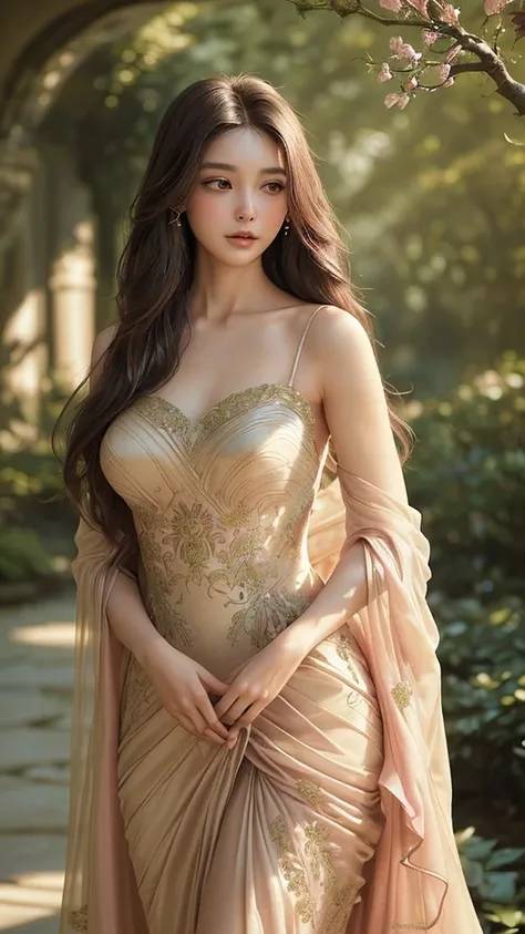 Imagine a scene of enchanting beauty, set in a lush garden during the peak of spring. The focus is on a young woman, a vision of elegance and grace. She stands amidst blooming pink roses, their petals delicate and vibrant against the soft, verdant backdrop...