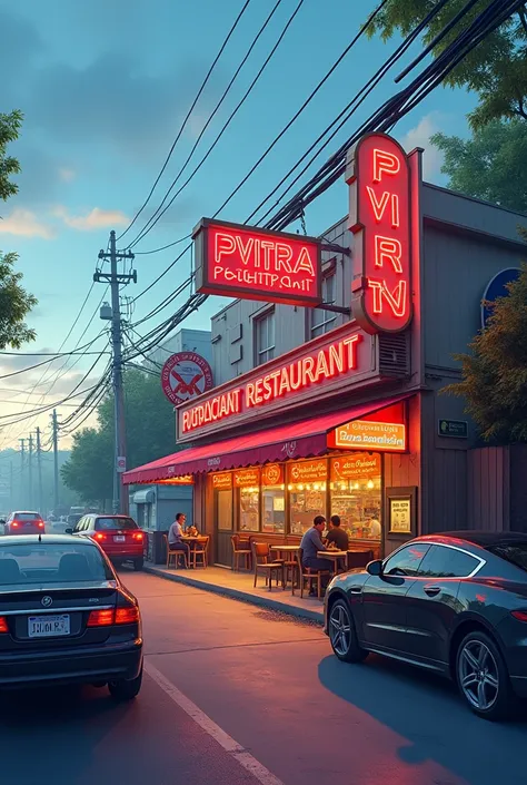  A restaurant named PVITRA RESTAURANT on a busy highway,20 cars parked outside 