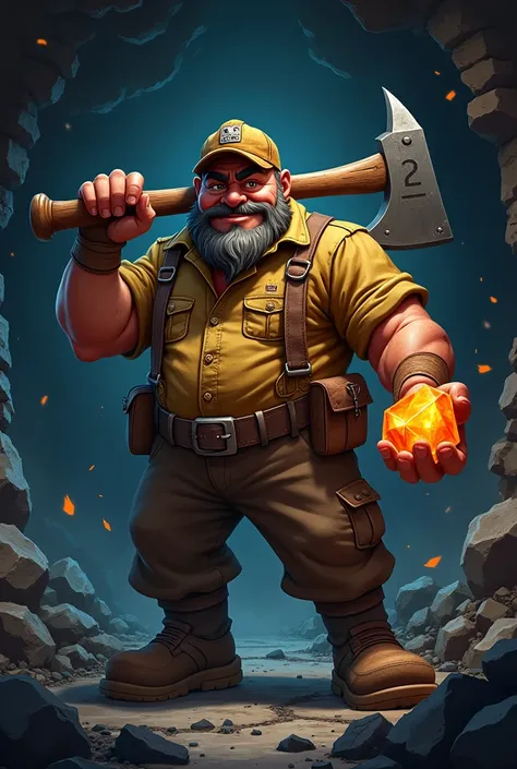 A  animated  bulky coal miner with his just used axe hanging on his shoulder and an orange diamond in his other hand