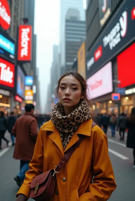 Create a dynamic, modern scene set in autumn 2024, where fashion meets technology. The characters are wearing trendy fall outfits like suede shoulder bags, leopard print jackets, and silk scarves, with a background of city streets filled with large digital...