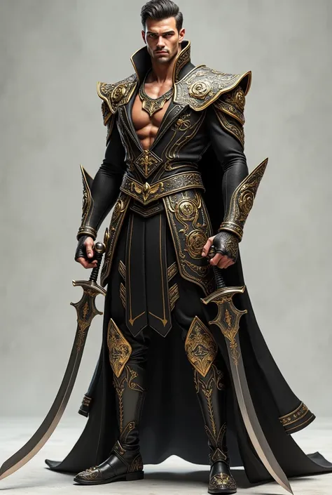 (Photorealism) swords  as an exntravagant outfit for male
