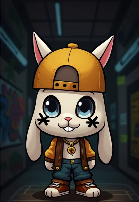 A rabbit dressed as a rapper with a cap and two x&#39;s on his eyes