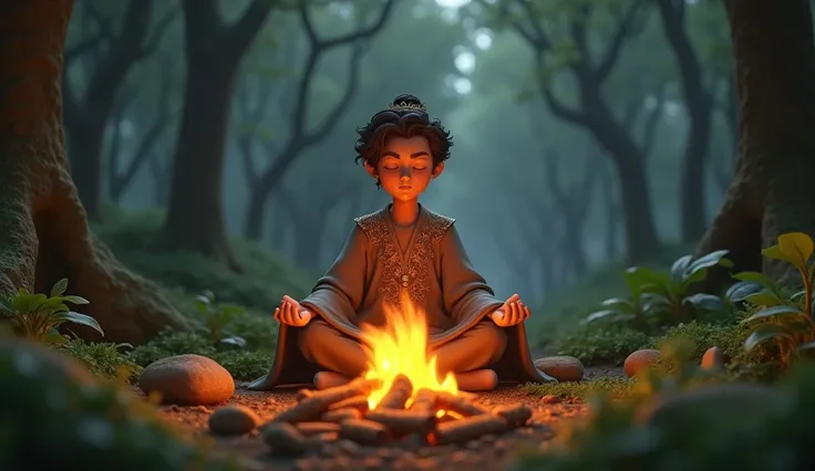 In 3D animation style:The prince deep in the forest, meditating in front of a glowing fire.