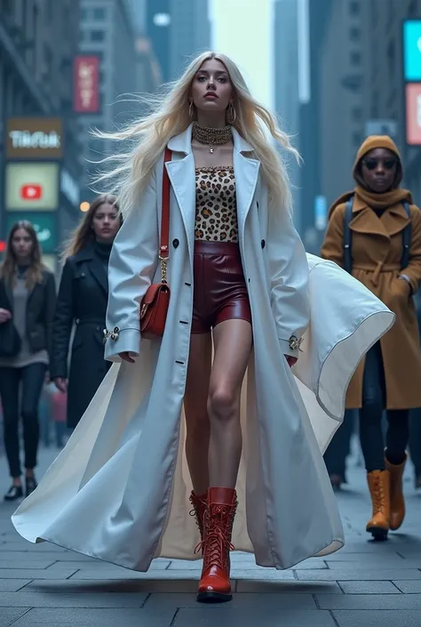 Create a dynamic, modern scene set in autumn 2024, where fashion meets technology. The characters are wearing trendy fall outfits like suede shoulder bags, leopard print jackets, and silk scarves, with a background of city streets filled with large digital...