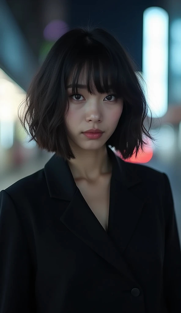 Korean style bob hair with bangs ,Japanese, Black color and white lights, Modern clothing, Facing forward