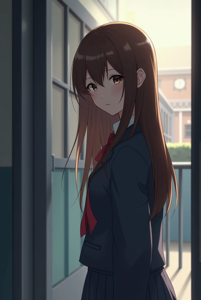 A teenage girl with long brown hair and scool dress facing her beside. Besides her is a goodlooking boy (the boy is invible) walking facing opposite
