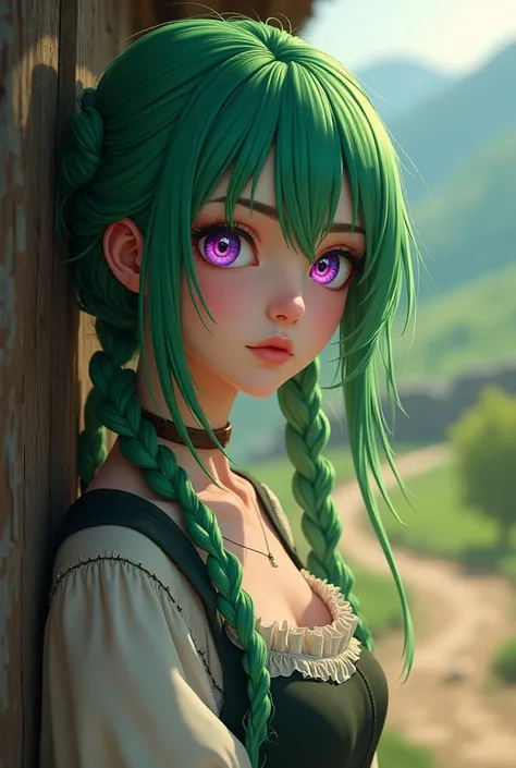 Peasant woman with green hair, white skin, and purple eyes, style most realistic anime