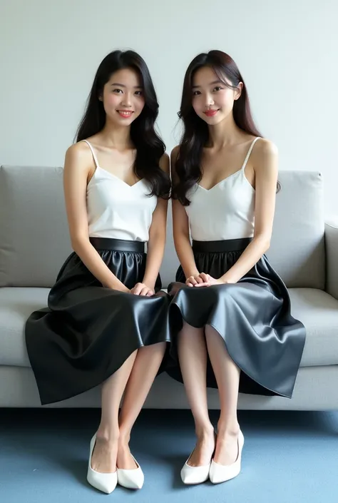 Two beautiful lady, asian, Japanese,
Long hair, same clothes,
Medium height,
Sitting on a light grey sofa in front of white wall in an office with light blue carpet, 
Wearing a white camisole,
Wearing a shiny black leather big a-line full circle long skirt...