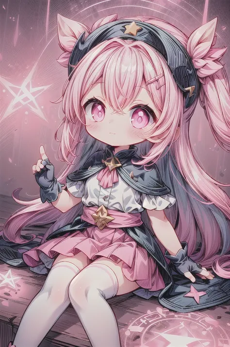 (pink_theme, dreamy_scenery:1.2), absurdres, highres, (official art, thunder, beautiful and aesthetic:1.2), best_quality, masterpiece, 1girl, badass, (faint_smile, closed_mouth:1.2), (cute, petite, kawaii:1.4), profile, character_profile, (sitting:1.2), fr...