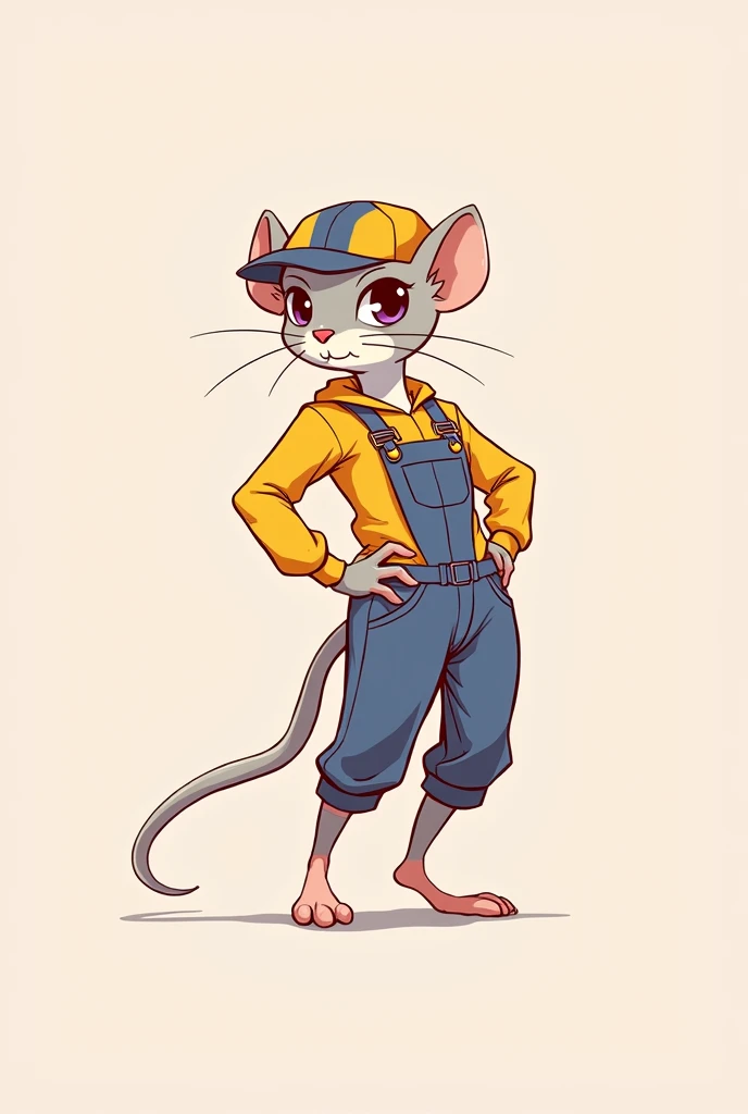 masterpiece, high quality, best definition, anthro furry mouse, in mechanic&#39;s suit, body with gray fur and eyes with heterochromia, with a slim and tall female body, small but noticeable breasts 