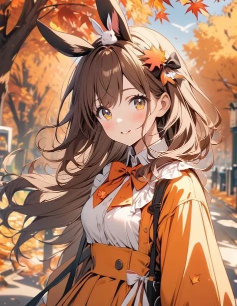 One girl, Long Hair, Brown Hair, rabbit hair accessories, Autumn image, Bright clothing