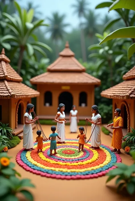 Modern kerala onam festivities on clay model with vibrant colours women in white kerala saree and children playing on swing in courtyard and men watching, Kerala nalketta houses, pookalm, and kerala greenery