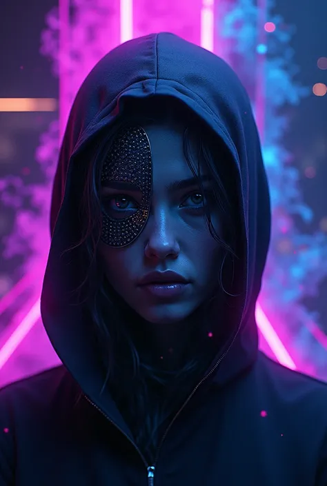 A dark background with flashes of purple and blue neon lights, creating a captivating contrast. In the center, un visage mi-humain mi-masque, with an intense and mysterious look. Geometric patterns or bright lines surround the face, adding a futuristic and...