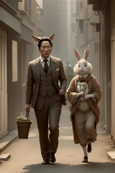 Two fleeing rabbits、Confused expression、Standing Man