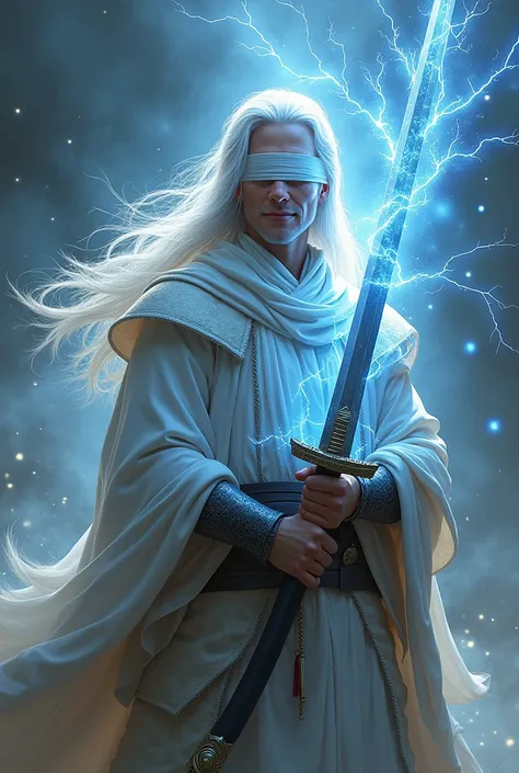 Knight, membawa katana petir, with a smile, wearing a blindfold, white hair