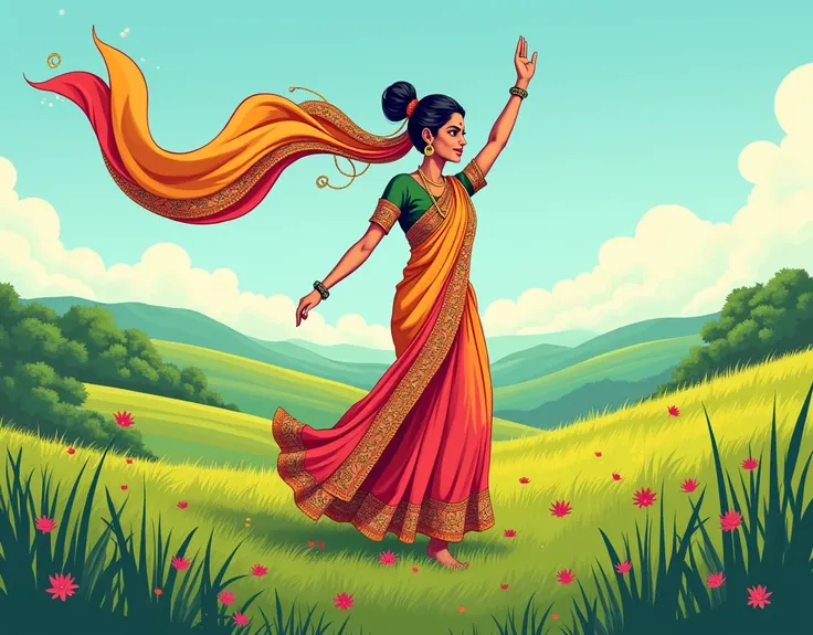 , Indian women in sambalpuri saree, standing in grassland, back view, standing her hand and flowing her Chuneri in air, background beutiful view, cartoon and comics animation art,