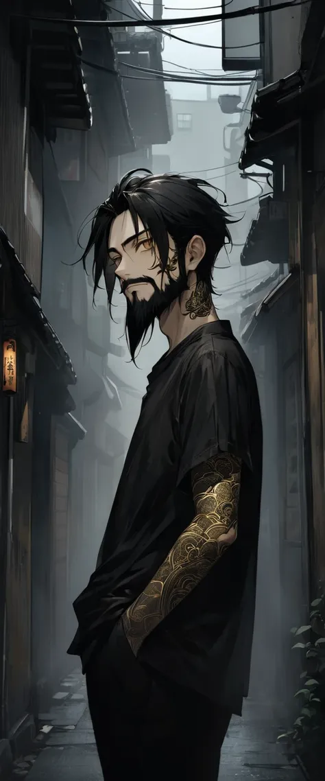 Anime Style。A black silk shirt embroidered with gold patterns。Alley in the fog。Skinny young man standing with his hands in his pockets。Droopy eyes。Thin face。Nihilistic smile。Black beard and beard。Long black hair。forehead,。Ethnic gold tattoo on forehead。Gol...