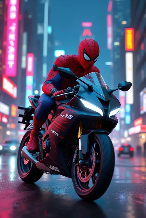 Spiderman riding R15 in a neon city