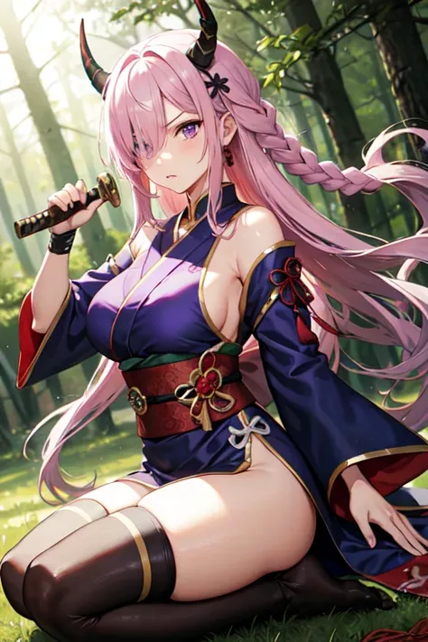 forest, woman, samurai, Japanese sword,  determined, serious look, fighting, long hair, braids, hair over one eye, pink hair, purple hair, purple eyes, china dress, with horns, voluptuous, red, sunlight