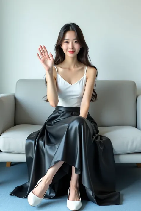 A beautiful lady, asian, Japanese,
Long hair,
Medium height,
Sitting on a light grey sofa in front of white wall in an office with light blue carpet, 
Waving the hands,
Wearing a white camisole,
Wearing a shiny black leather big a-line full circle long ski...