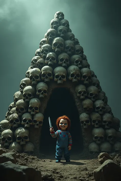 A pyramid of skull and Chucky with holding knife in the pyramid of skull 