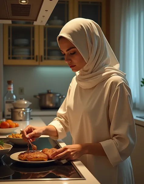 A beautiful girl with very white skin is cooking while looking at the food in a luxurious kitchen equipped with the latest electrical appliances while wearing an Islamic veil, a photo from the side and the photographer is standing 10 meters away 