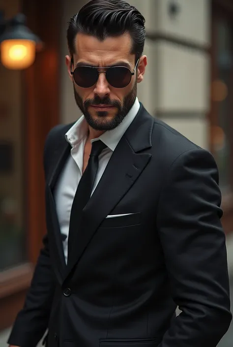 Tall man, black hair, social and short, in a suit, seductive, handsome, Round sunglasses, white skin, sparse beard, Beautiful