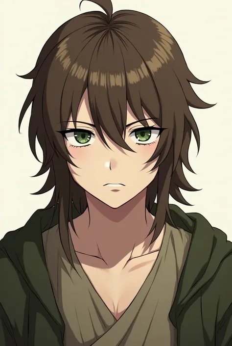 Peasent man with brown straight hair, white skin, and green eyes, style most realistic anime, rude face, full clothed body