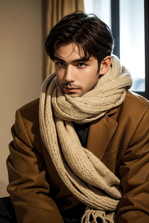 A man sitting sideways in the room，Wrap around a scarf，bust，sideways，No beard，Perfect face