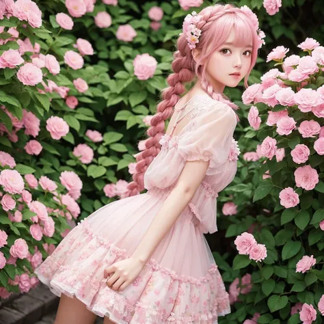 A cute girl surrounded by flowers, in her late teens, short in height, large chest, pink hair in braids, pink eyes, wearing a fluffy, sheer miniskirt dress with a small floral pattern, the skirt is fluffy, from a bottom angle