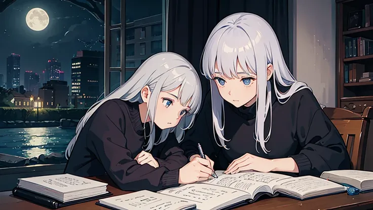 a girl , studying ,night, writing, use a pen, silver hair, so cute, beautiful time, relaxing,one notebook,one book
