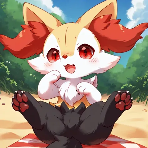 by: nakimayo，，braixen ,satting，beach ，(red eyes: 1.5)，solo，openmouth，4 toes ，toe claws,teeth,tail，facial tuft，claws, ((feet paws)), (4 toes), toe claws, paw pads, (Chibi:1.2), (Black crotch:1.4)
