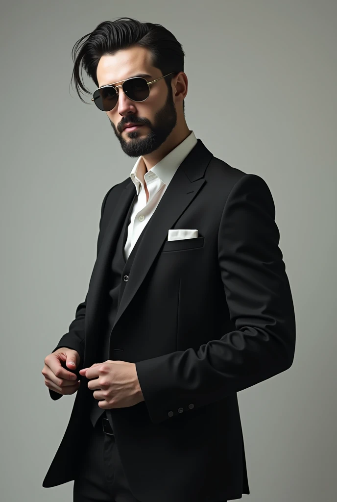 Tall man, black hair, social and Small , in a suit, seductive, handsome, Round sunglasses, white skin, sparse beard, Beautiful man, Photo shows the whole body