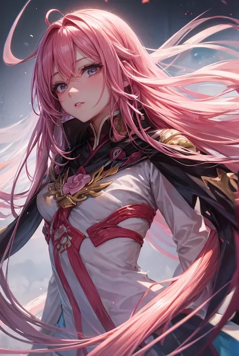 Image is a high-resolution stylized portrait of a woman with long flowing pink hair。 She&#39;s wearing a sparkly outfit、Fitted pink outfit，Includes a turtleneck sleeveless top、front zipper、Long gloves and boots。 The garment has a smooth latex texture。 She ...