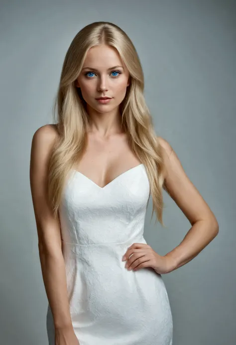 Beautiful Swedish woman, long blonde hair, textured white skin, blue eyes, wearing a short white dress, The background consists of a photo studio, Woman is posing, pose up close, showing details of the face, realistic photo, (full body:1.5), 