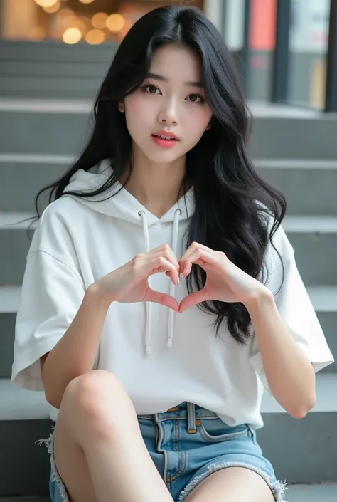 "K-pop style women&#39;Realistic image、Korean Beauty, length, ウェーブのかかったBlack Hair. she、Sitting on the steps of a shopping mall、Wearing a white Nike short-sleeve hoodie., Wear short jeans、White Nike sneakers. One Girl, Use your right and left hands to make ...