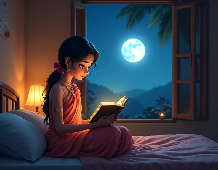 , Indian women in sambalpuri saree, sitting on bed, reading book, face look like a moon, village room view, background beutiful moon night view, cartoon and comics animation art,