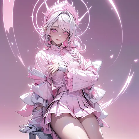 (pink_theme, dreamy_scenery:1.2), absurdres, highres, (official art, thunder, beautiful and aesthetic:1.2), best_quality, masterpiece, 1girl, badass, (faint_smile, closed_mouth:1.2), (cute, petite, kawaii:1.4), profile, character_profile, (sitting:1.2), fr...