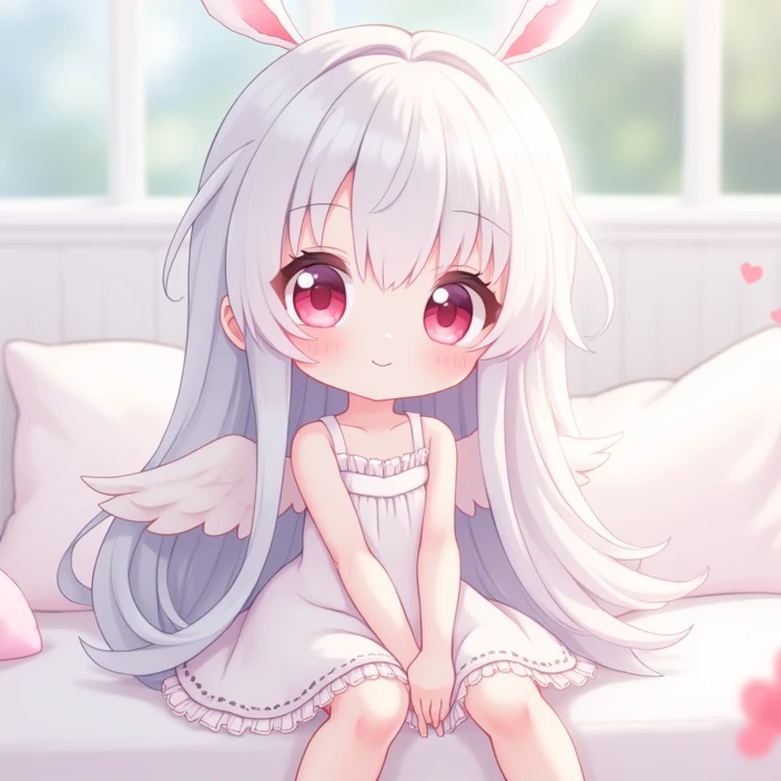 Chibi Character,Facing forward,High image quality,8k, girl,Long Hair, Gray Hair,Pink eyes,White camisole,cute,Fluffy atmosphere,High resolution, Blushing, smile, Look at, I&#39;m sitting on the bed(White sheet),With wings on her back like a mini angel,Ligh...