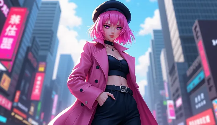 4k, realistic, high detailed, super eyes detailed, fashion clothes, pink trenchcoat, french beret, black pants with belt, long hair, in the city,  pink hair, purple eyes, yae miko, wearing trendy sunglasses,