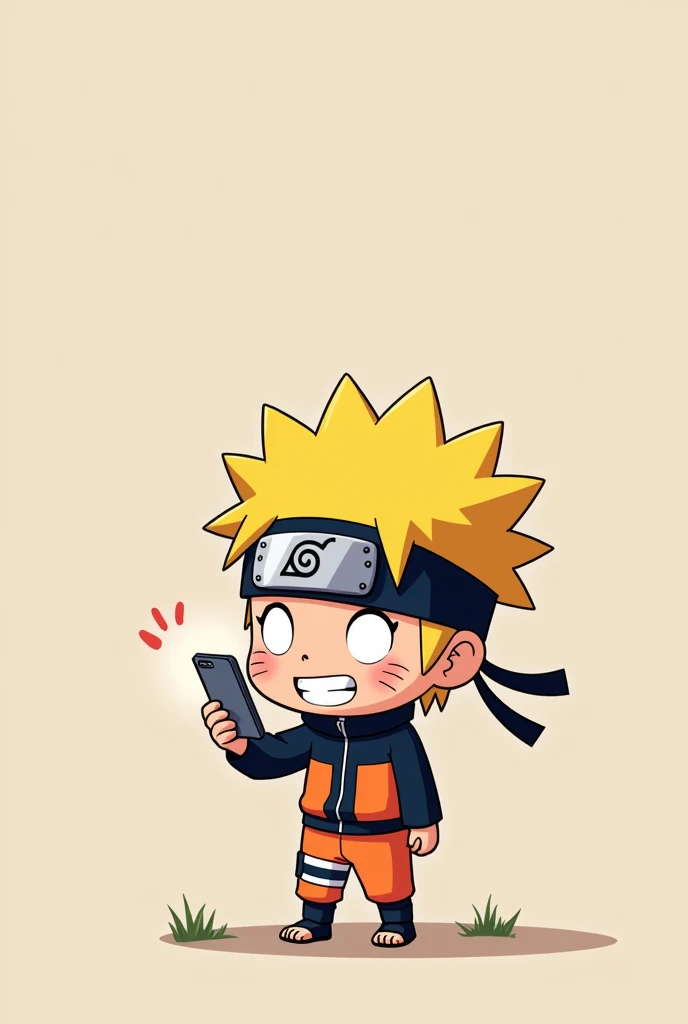 Naruto chibi holding a phone smiling and side view looking at his phone 