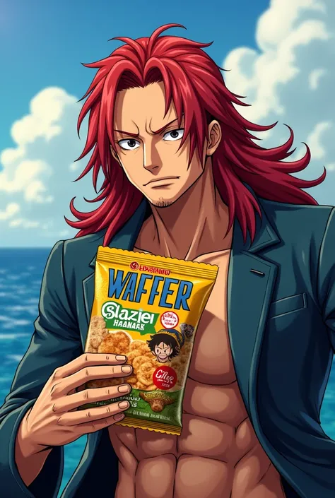 Akagami no shanks is Shanks alias or like the name given to him. It means red-haired Shanks, who is holding a wrapper of Indonesian food plant-based wafers