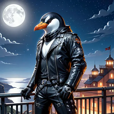 Closeup, an extremely badass anthropomorphic penguin wearing an insanely cool black leather Harley Davidson biker jacket open, black leather biker gloves, black leather biker pants, standing next to a railing on an overlook at night with a large bright moo...