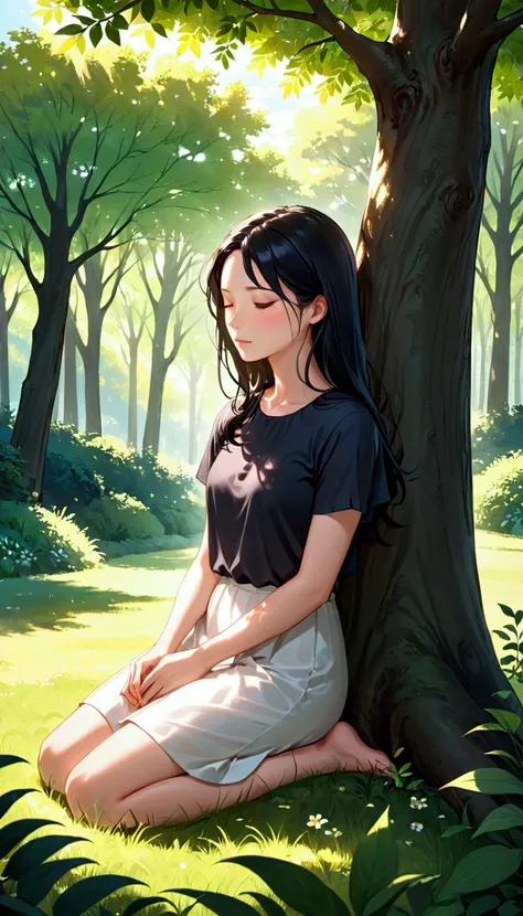 "A peaceful and contemplative scene featuring a young woman sitting beneath the shade of a large tree. She has soft black hair and is dressed in a simple black and white outfit. Her eyes are closed as she leans against the tree, bathed in dappled sunlight ...