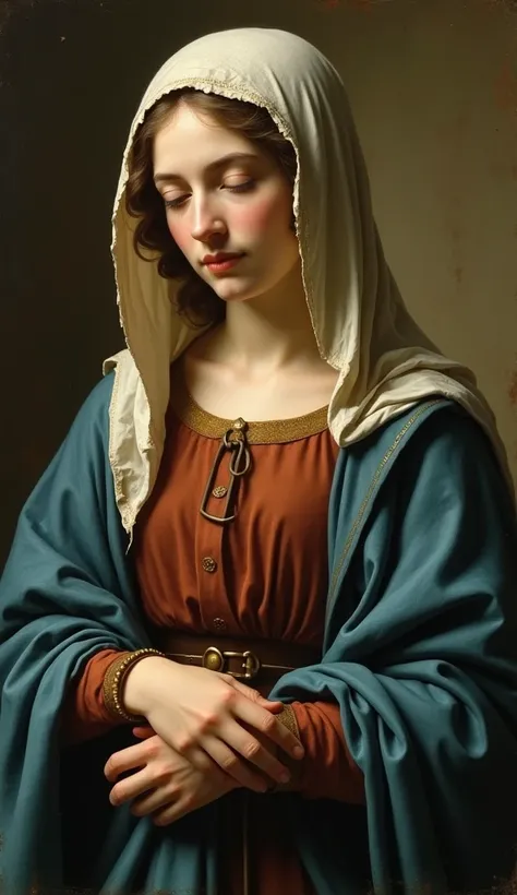 Virgin Mary, Figures, Reddish brown tunic, Blue Coat, White Veil, It&#39;s old and peeling in places