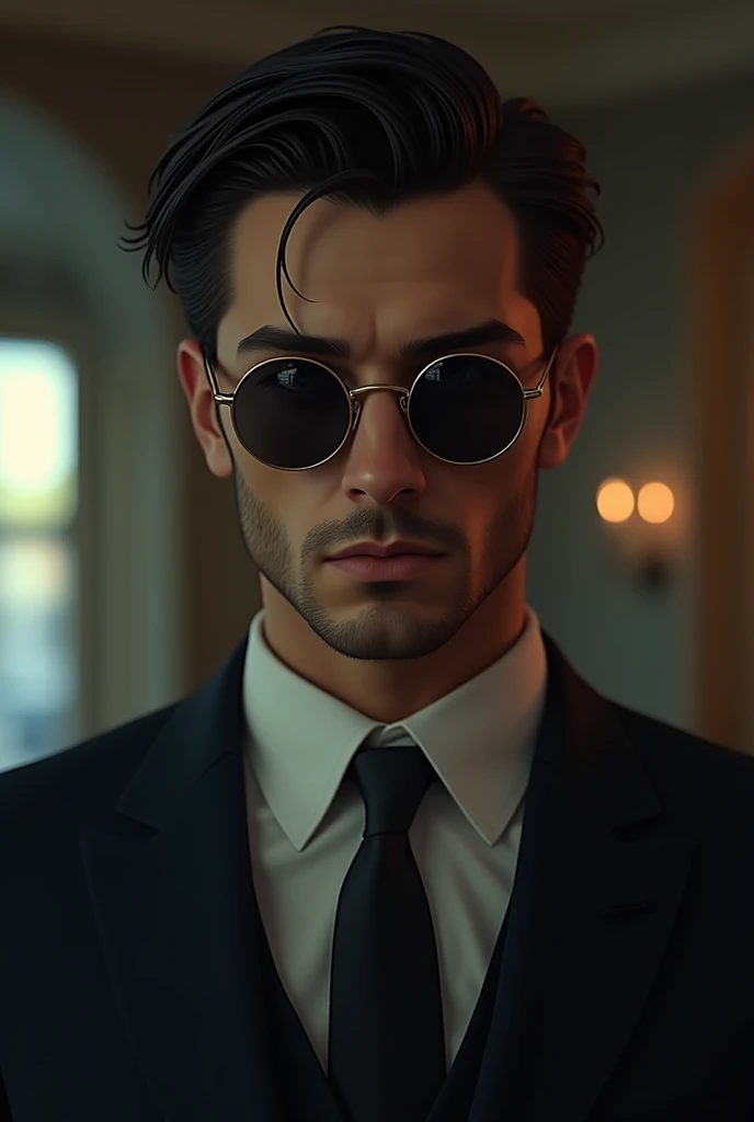 A handsome and seductive man, with short black hair, wearing a suit, and wearing round, Round sunglasses. A seductive and extremely handsome man.