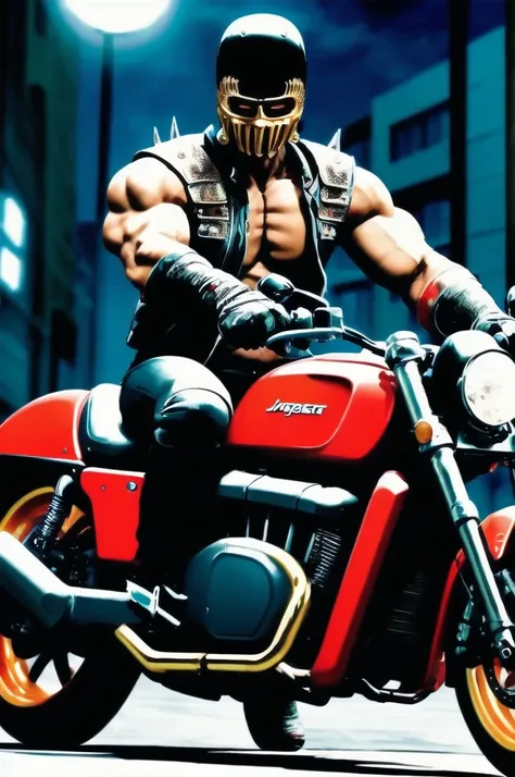 masterpiece、8k images、jagi from fist of the north star riding a motorcycle、the bike is a modified vehicle.、it has an up-handle、g...