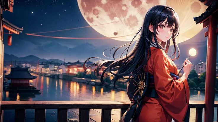 One Girl, Black Hair, Brown eyes, Wear a beautiful Japanese kimono, Beautiful Moon, Kyoto cityscape, night, High resolution, Ultra Sharp, 8k, masterpiece, View your audience